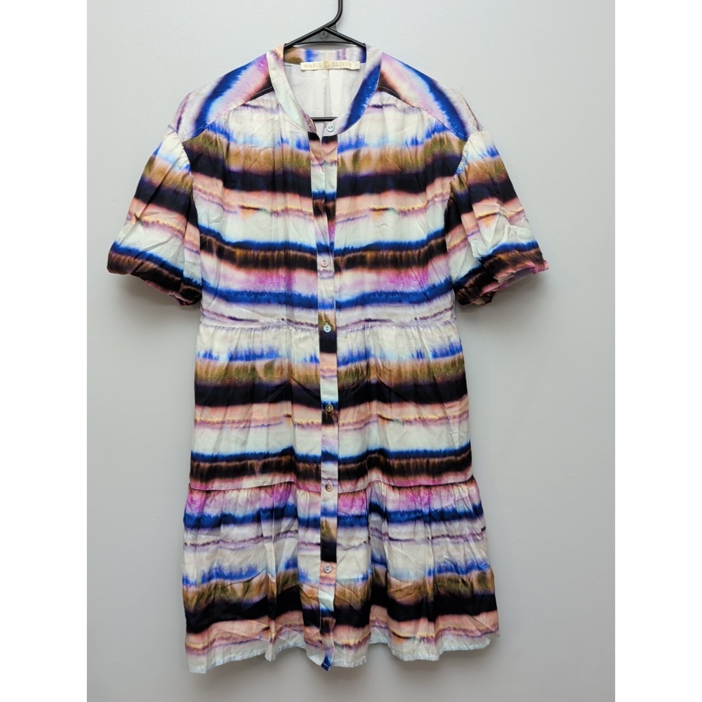 E3 Marie Oliver Silk Blend Watercolor Stripe Tiered Short SleeveMini Dress SzS